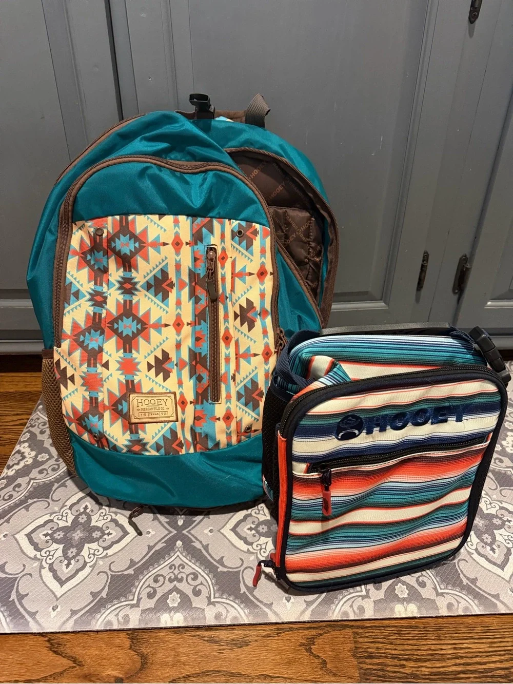 Hooey Teal Aztec Kids Backpack with Striped Lunchbox western